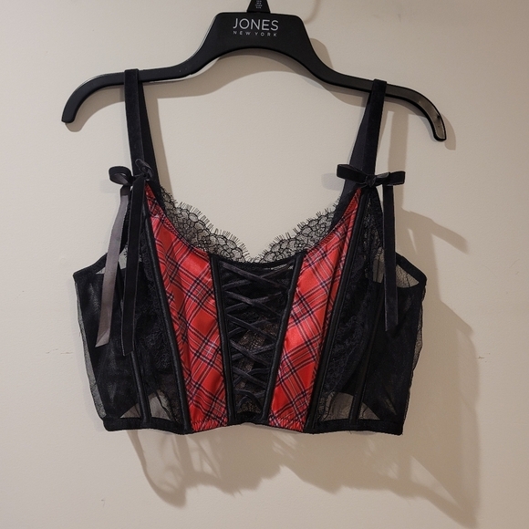 Victoria's Secret Other - Victoria's Secret Plaid Red and Black Lace Velvet Corset Bra Top Size XL